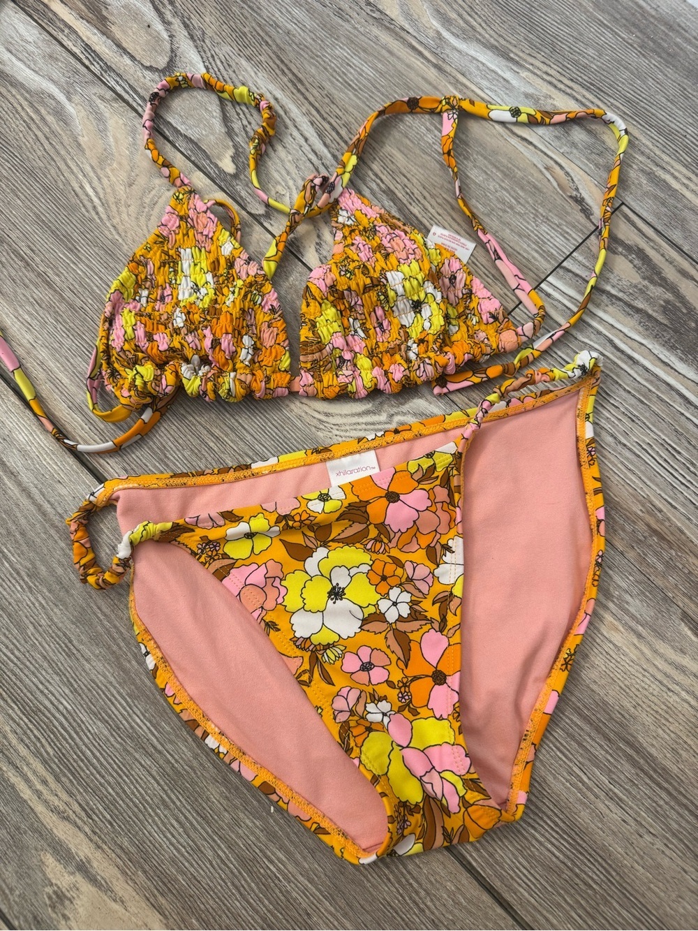 Xhilaration Yellow Pink Orange Floral String Bikini